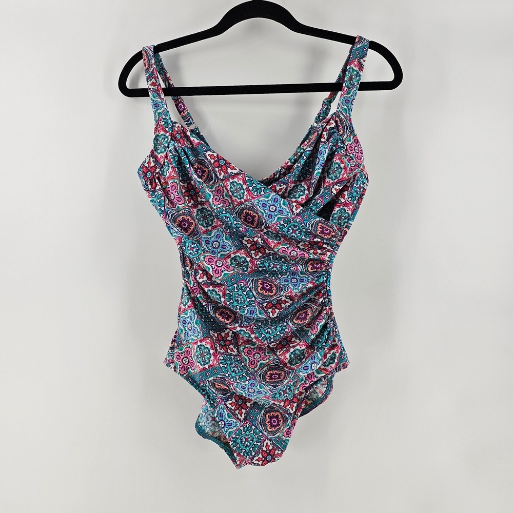 Miraclesuit One Piece Swimsuit 6 Pink Blue Ruched Medallion Slimming Resort Boho - Picture 1 of 10